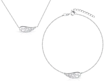 komplet srebrnej biżuterii - bransoletka i naszyjnik skrzydło anioła