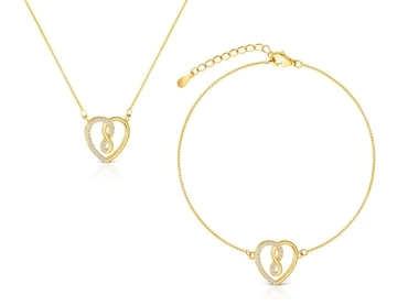 komplet srebrnej pozłacanej biżuterii - bransoletka i naszyjnik serca