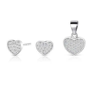 komplet srebrnej biżuterii - kolczyki serca i zawieszka serce z cyrkoniami
