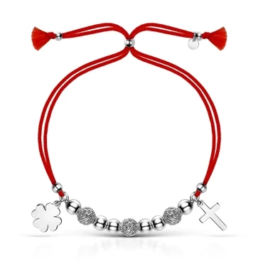 srebrna bransoletka na sznurku koniczyna i krzyż